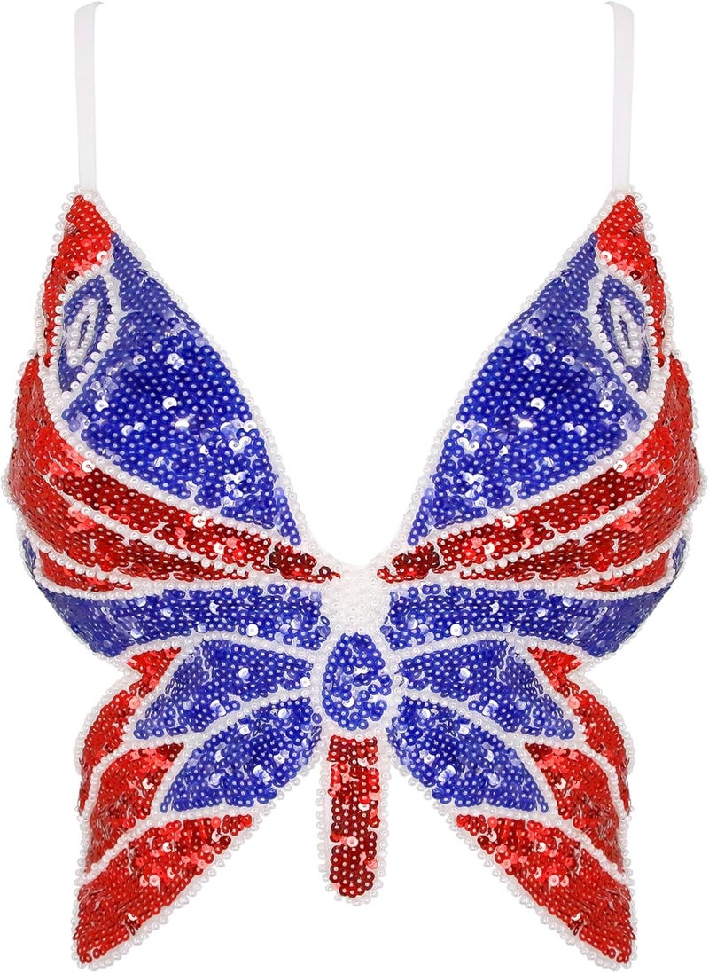 Mocure Womens Glitter Sequin Butterfly Crop Top Low-Cut Tank Top Rave Tube Vest Top for Belly Dance Costume Outfits - Image 1